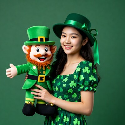 Asian woman holding leprechaun doll