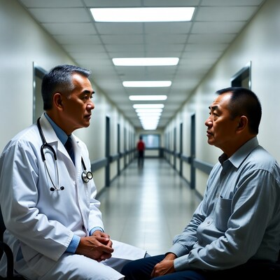 Asian doctor consulting elderly male patient