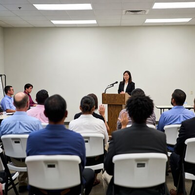 Asian woman speaking at business meeting