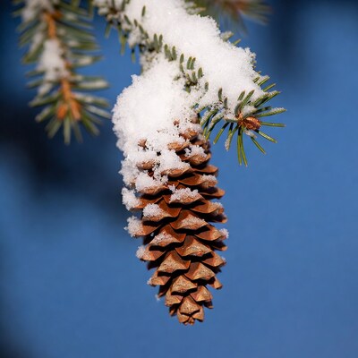 Snowy Pine Cone on Branch