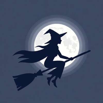 Silhouette Witch Flying on Broomstick