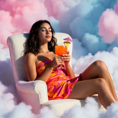 Woman holding tropical drink in clouds
