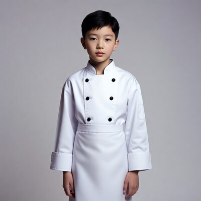 Asian boy in white chef uniform