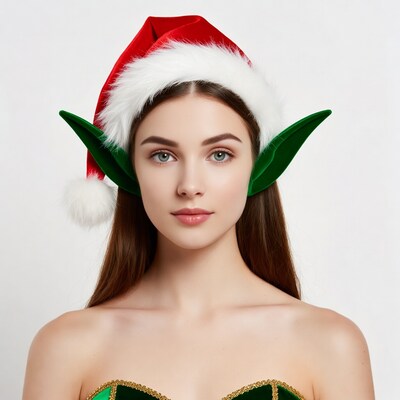 Woman in Santa Elf Hat Costume