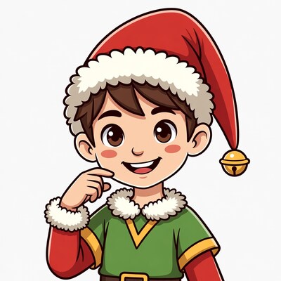 Smiling cartoon elf boy thinking