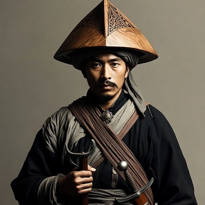 Asian man in conical hat with swords