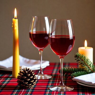 Red Wine Glasses with Candles and Pinecones