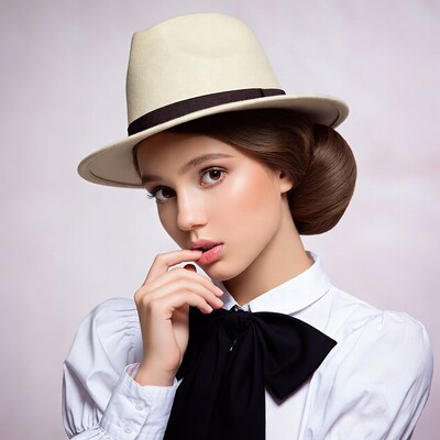 Woman in beige hat with black bowtie
