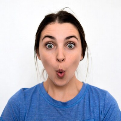 Woman making duck face on white background