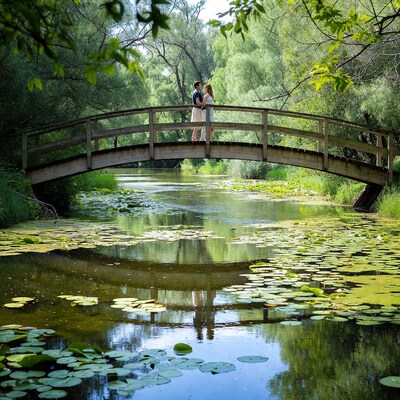 Couple embracing on wooden bridge over lily pads