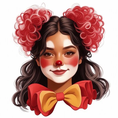 Smiling female clown with red pom poms