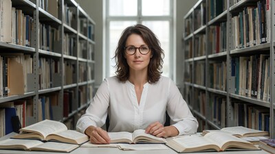 Woman reading books in library