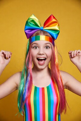 Girl with rainbow bow and swimsuit
