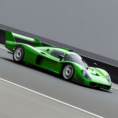 Green race car cornering on track