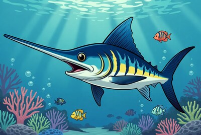 Cartoon Blue Marlin Swimming Underwater