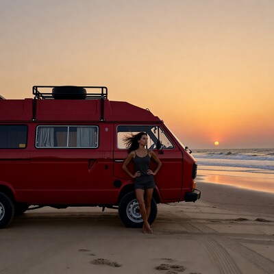 Woman leaning on red VW van at beach sunset