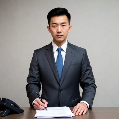 Asian man signing documents at desk