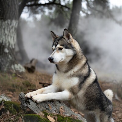 Siberian Husky on rock in misty forest