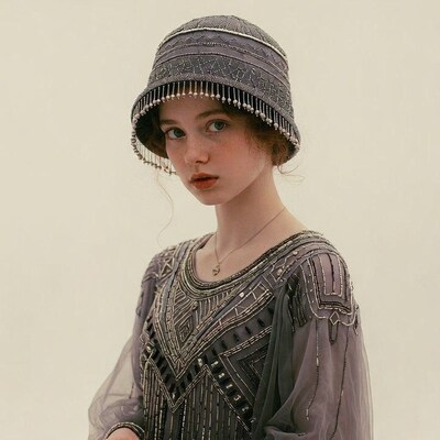 Girl in beaded cloche hat and dress