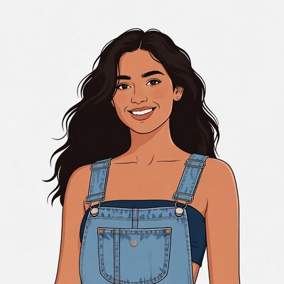 Smiling woman in denim overalls