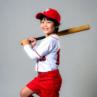Asian boy in baseball uniform holding bat