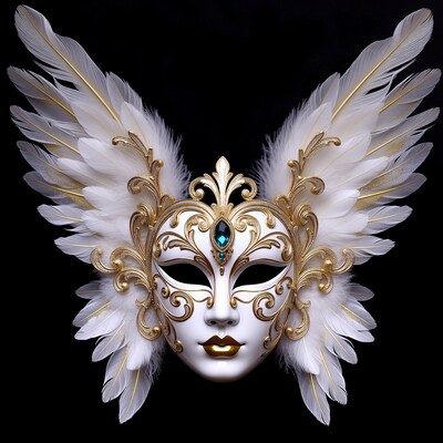 White Venetian Mask with Gold Wings
