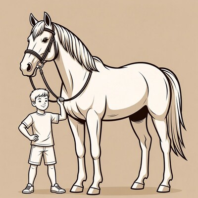 Boy holding reins of white horse