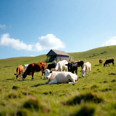 Cows grazing green hillside farm