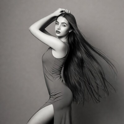 Woman posing in slit dress with long hair