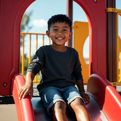 Asian boy sliding on playground slide