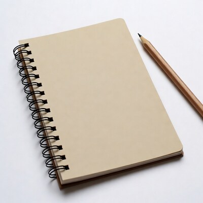 Open Beige Spiral Notebook with Pencil
