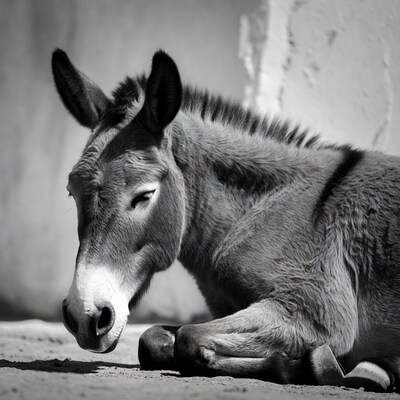 Donkey lying down black and white