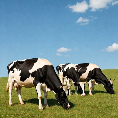 Holstein cows grazing on green hill