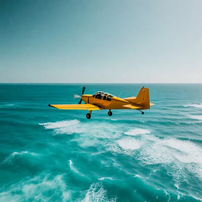 Yellow Seaplane Flying Over Ocean
