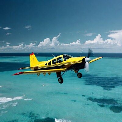 Yellow Seaplane Flying over Turquoise Ocean
