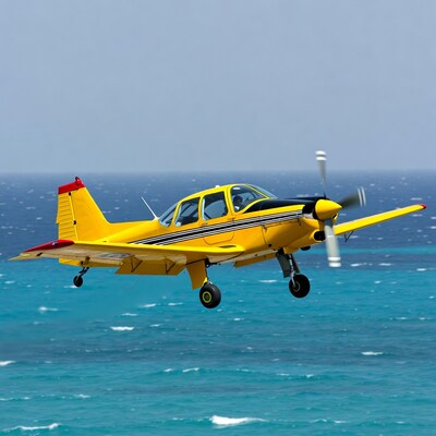 Yellow seaplane flying over ocean