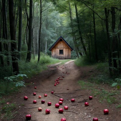 Wooden Cabin in Forest with Apples on Path
