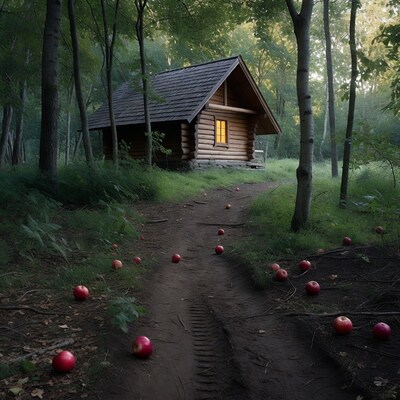 Log Cabin in Forest with Scattered Red Apples
