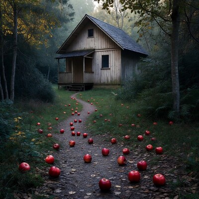 Wooden Cabin with Red Apples Path