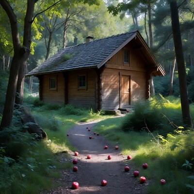 Log Cabin with Apples on Forest Path