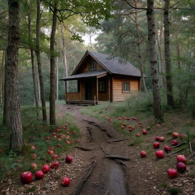 Log Cabin in Forest with Apples on Path