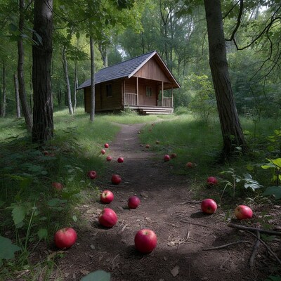 Wooden Cabin with Apples on Forest Path