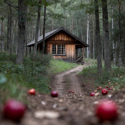 Wooden Cabin in Forest with Red Apples