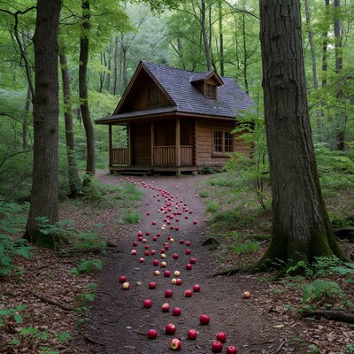 Log Cabin with Red Apples Path in Forest