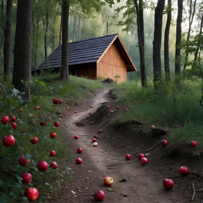 Wooden Cabin Trail with Red Apples
