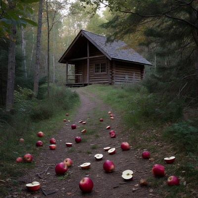 Log Cabin Trail with Scattered Red Apples