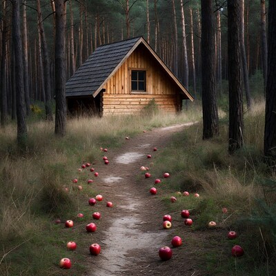 Log Cabin Trail with Scattered Red Apples