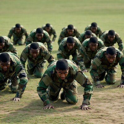 African-American soldiers doing pushups on field