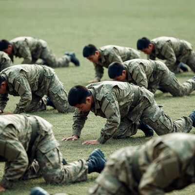 Asian soldiers doing pushups on grass