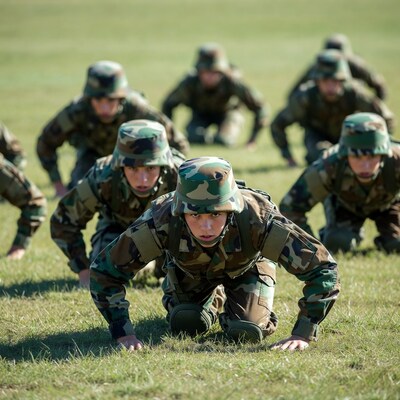 Soldiers in Camo Doing Pushups on Grass